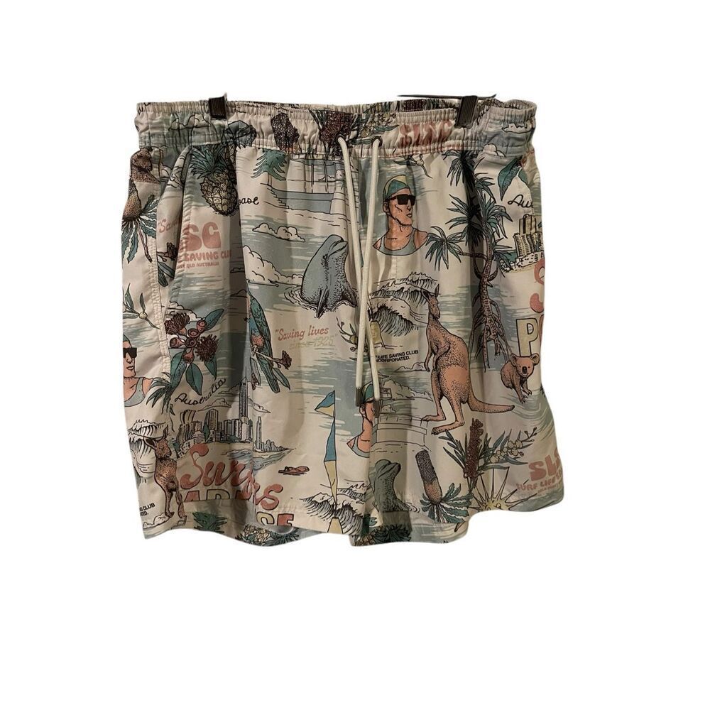 Huna Short Mens Multicolor Surfers Paradise Hawaiian Print Swim Trunk Size XL